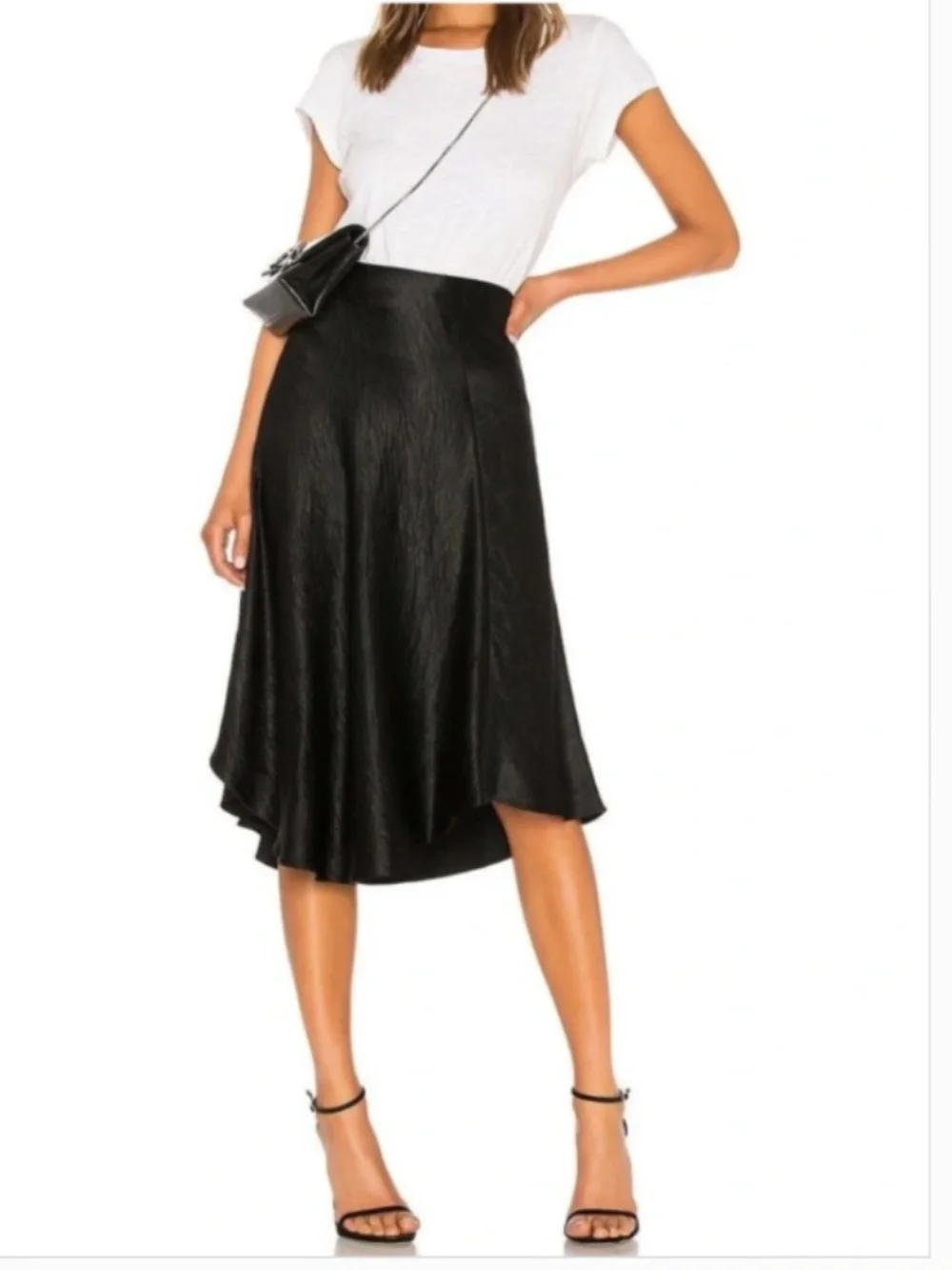 VINCE BLACK SATIN ASYMMETRICAL BIAS MIDI SKIRT - SIZE S